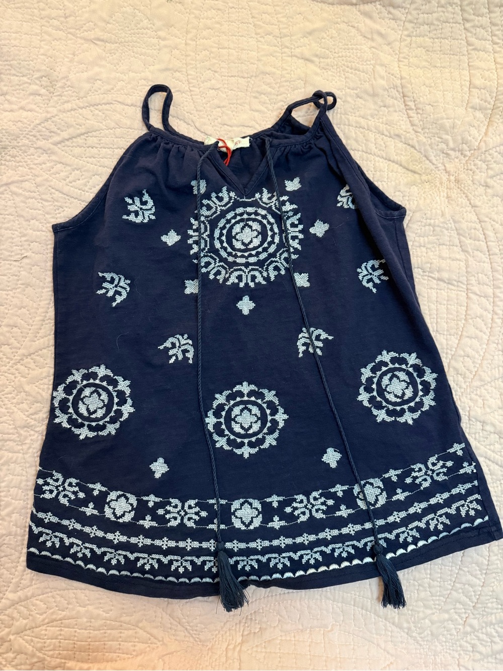 Solitaire Navy Embroidered Boho Tank - Size S